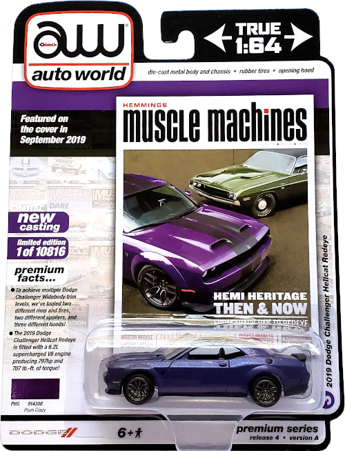 Auto World 1:64 Scale Diecast - 2019 Dodge Challenger Hellcat Redeye (Purple) AW64272-43A