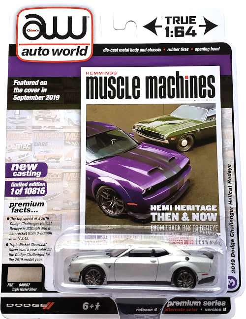Auto World 1:64 Scale Diecast - 2019 Dodge Challenger Hellcat Redeye (Silver) AW64272-43B