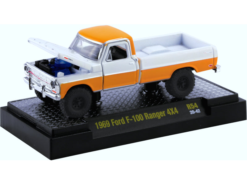 2020 M2 Machines Desktop R54-20-42 - 1969 Ford F-100 Ranger Pickup 4x4 (White / Orange)