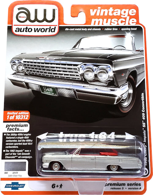 Auto World 1:64 Scale Diecast - 1962 Chevy Impala SS 409 Convertible (Silver) AW64262-35A