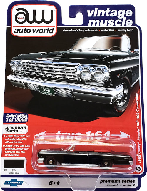 Auto World 1:64 Scale Diecast - 1962 Chevy Impala SS 409 Convertible (Black) AW64262-35B