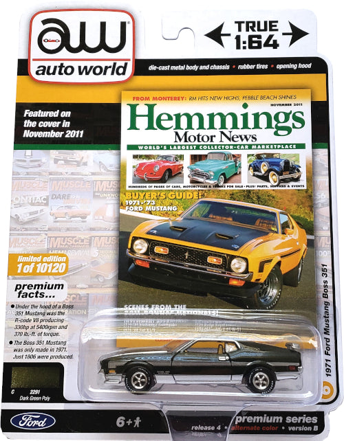 Auto World 1:64 Scale Diecast - 1971 Ford Mustang Boss 351 (Green) AW64272-46B